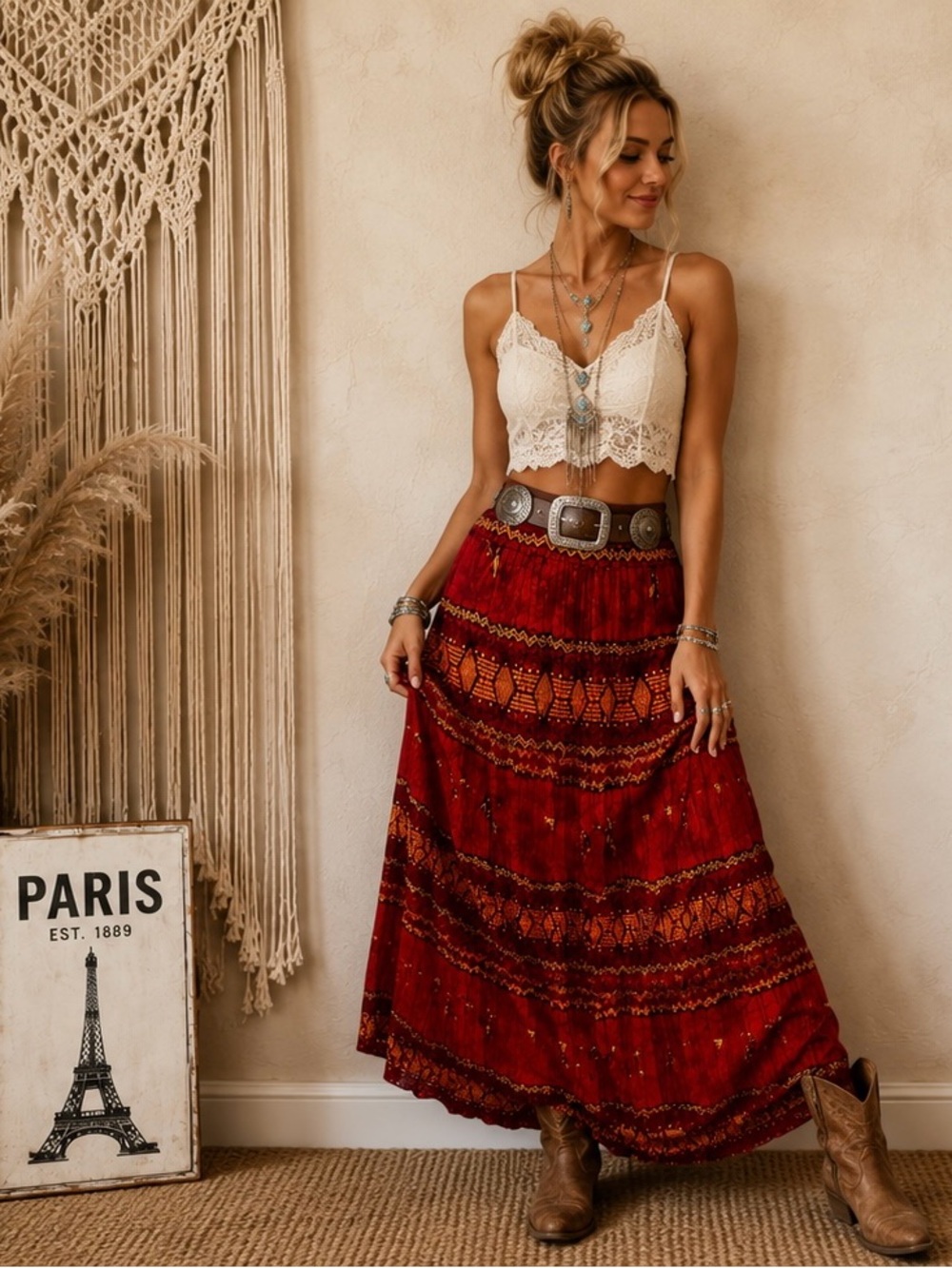 Sharon Young USA Pleated Boho Western Chic Maxi Skirt & Elastic waist size M
